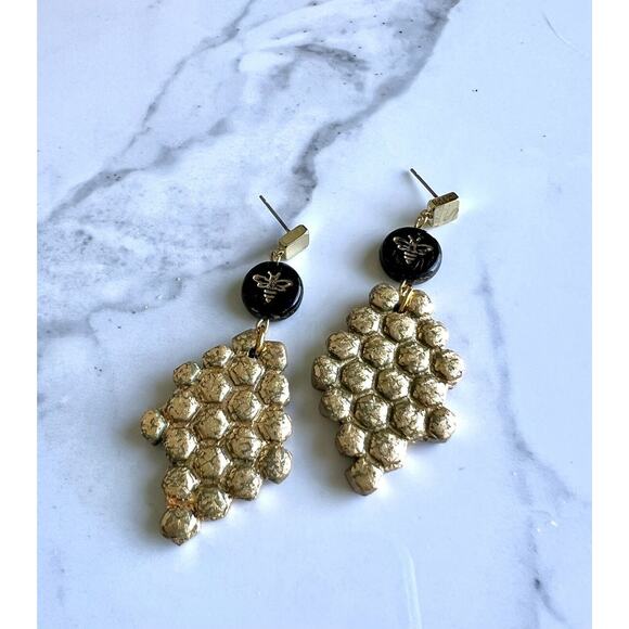 Handmade Polymer Clay Earrings Handcrafted Artwork Bee Honeycomb - Picture 2 of 5